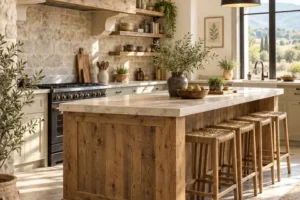 Cocina rústica con isla central de madera, piedra y lámparas colgantes