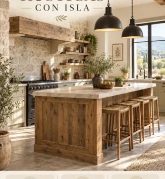 Cocina rústica con isla central de madera, piedra y lámparas colgantes