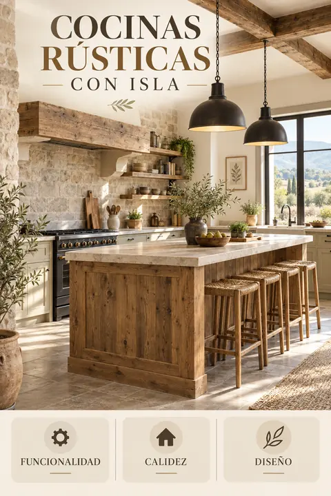Cocina rústica con isla central de madera, piedra y lámparas colgantes