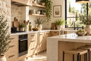 Cocina rústica moderna con madera, piedra, isla y detalles negros