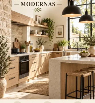 Cocina rústica moderna con madera, piedra, isla y detalles negros