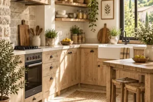 Cocina rústica pequeña con madera clara, piedra y soluciones para aprovechar el espacio
