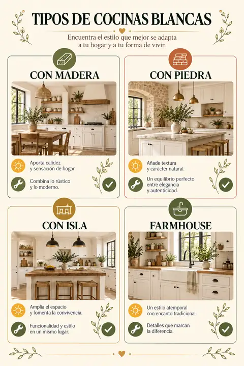 Tipos de cocinas rústicas blancas con madera, piedra, isla y estilo farmhouse