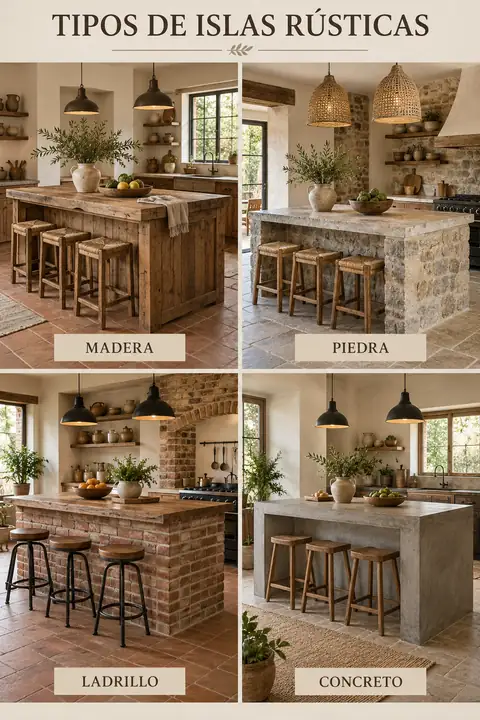 Cuatro composiciones de islas rotuladas madera, piedra, ladrillo y concreto