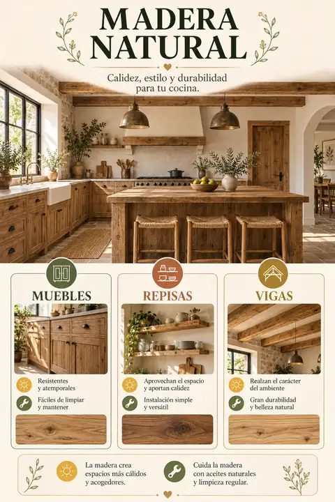 Cocina rústica blanca combinada con madera natural