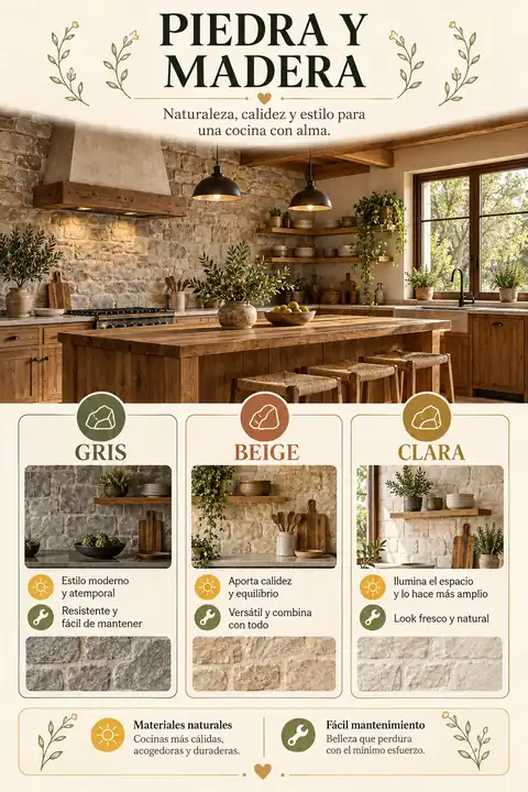 Combinaciones de piedra y madera para cocinas blancas