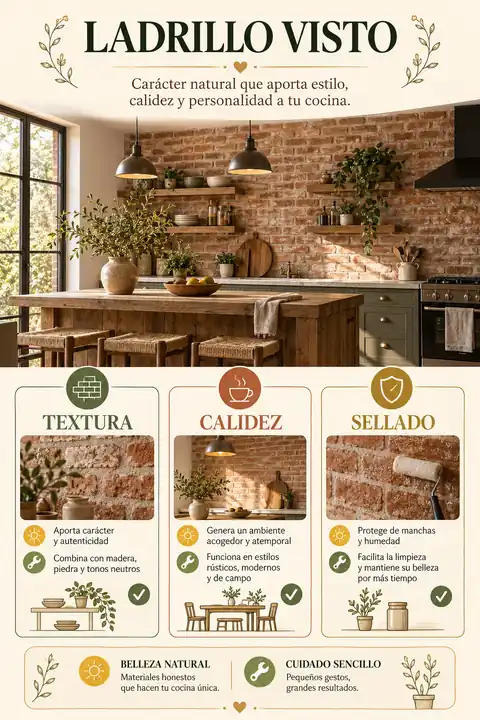 Cocina rústica blanca con pared de ladrillo visto