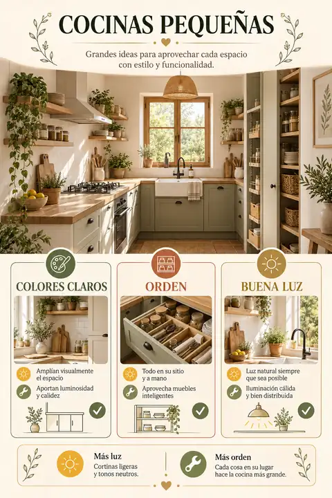 Cocina rústica blanca pequeña, ordenada y luminosa