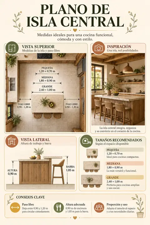 Plano de isla central para cocina blanca con medidas y paso libre