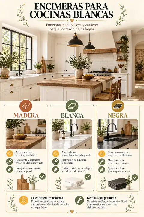 Encimeras de madera, blancas y negras para cocinas blancas