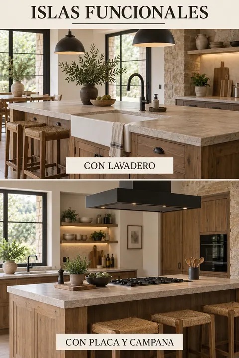 Dos composiciones de isla, una con fregadero y otra con placa y campana