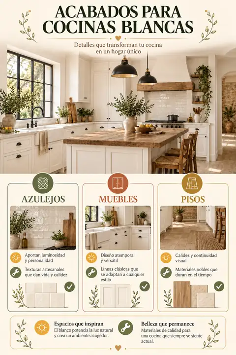 Azulejos, muebles y pisos para cocinas rústicas blancas