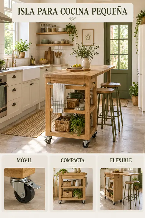 Mueble auxiliar con ruedas, estantes y tablero veteado junto a dos asientos