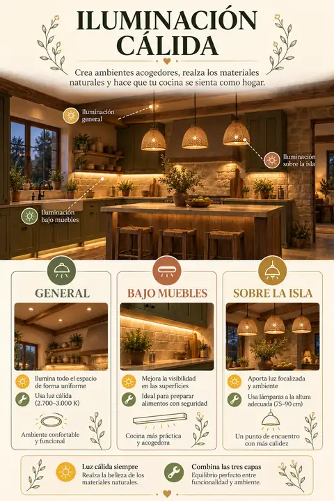 Iluminación cálida para cocinas rústicas blancas