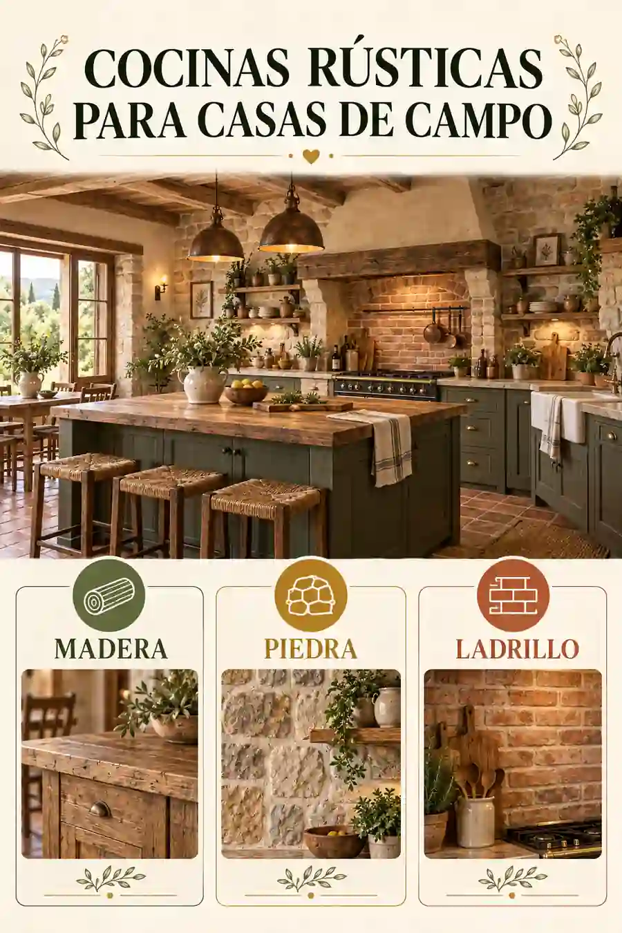 Cocinas rústicas para casas de campo: materiales, distribución y ambiente acogedor