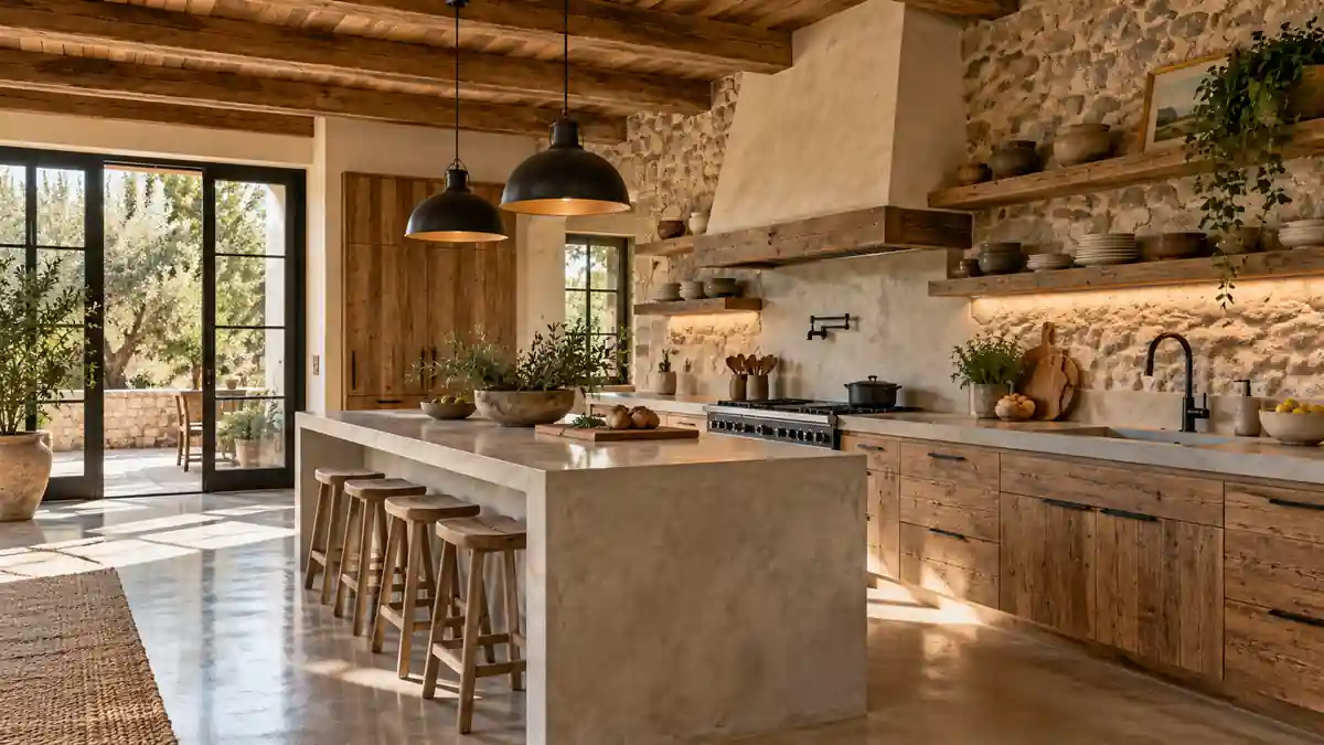 Cocina rústica con cemento pulido, madera y piedra