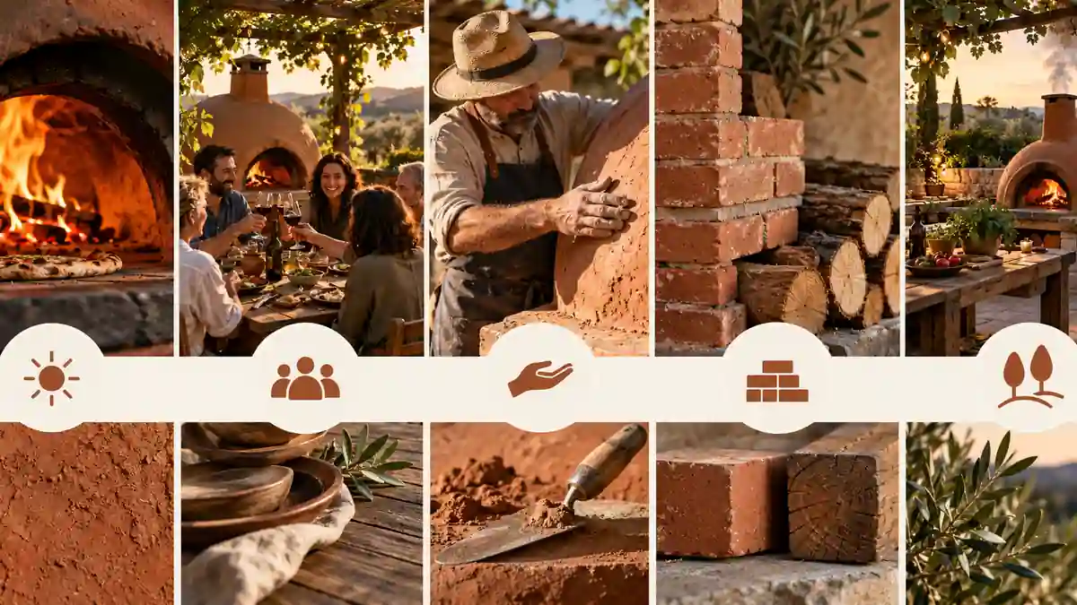 Cocina rústica con horno de barro, parrilla y barra de madera