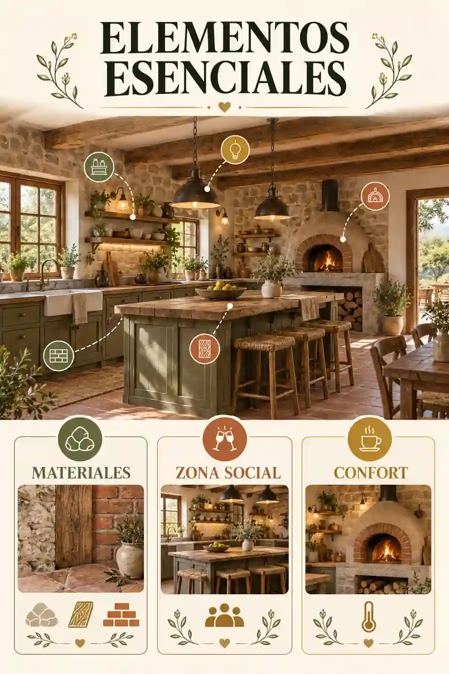 Elementos esenciales de una cocina rústica de campo