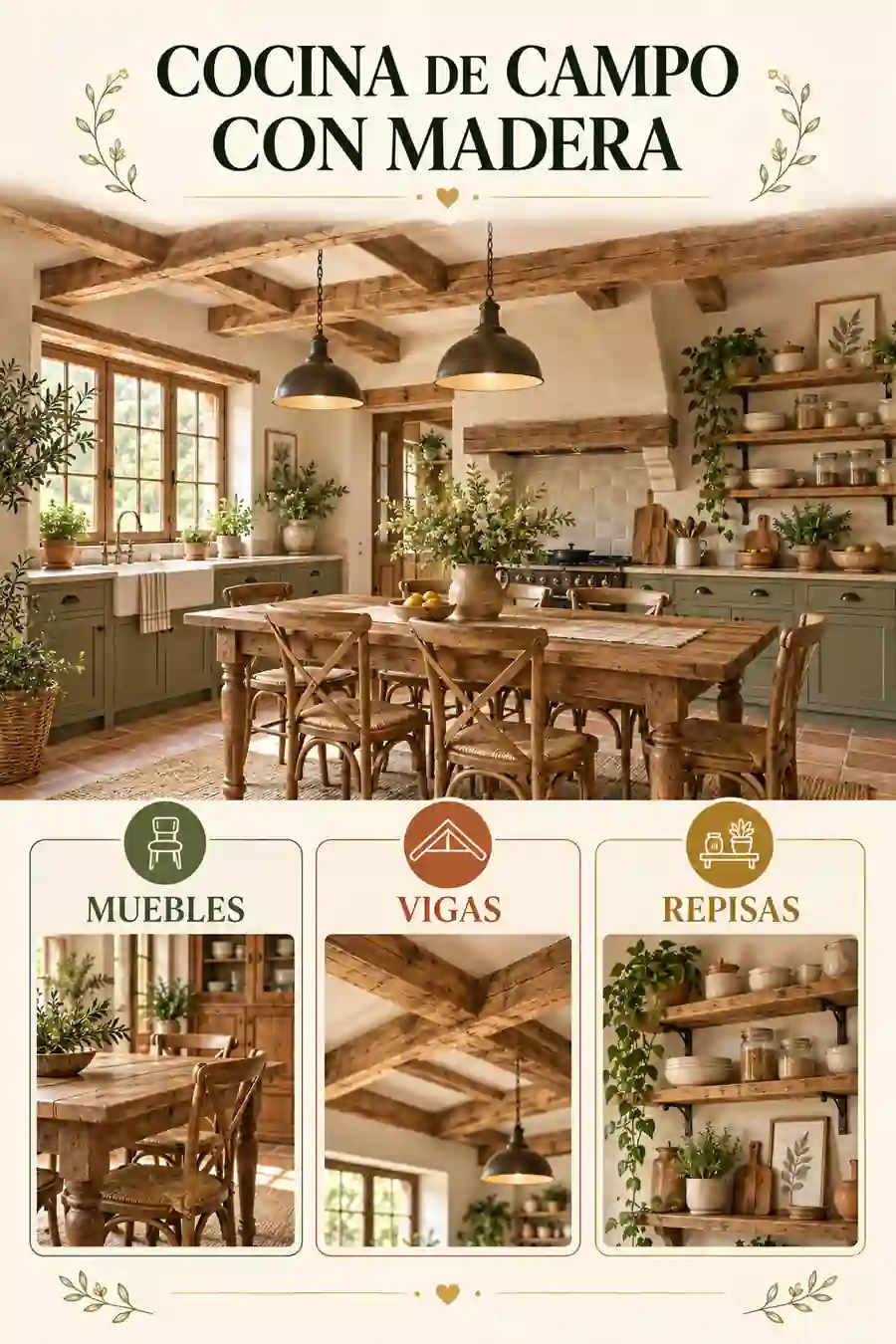 Cocina de campo con madera natural, vigas y repisas