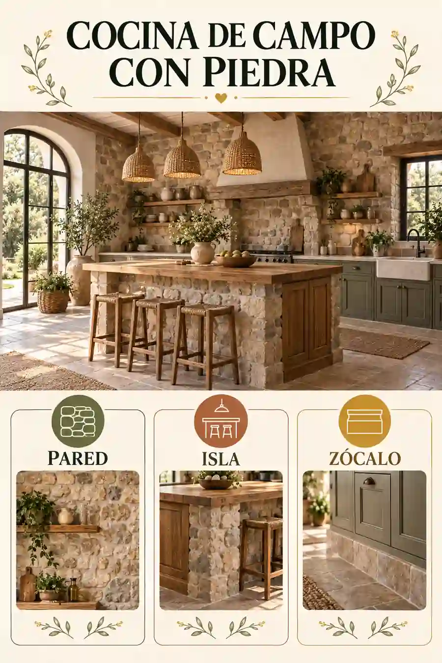 Cocina de campo con piedra natural y detalles rústicos