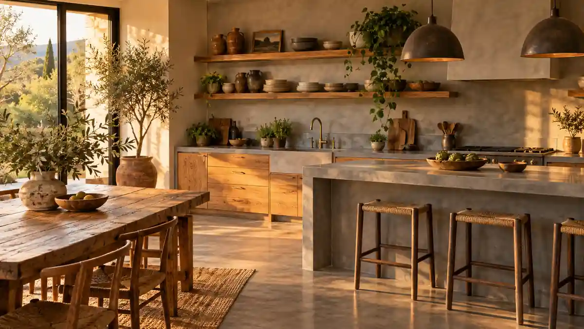 Cocina rústica de cemento pulido combinada con madera