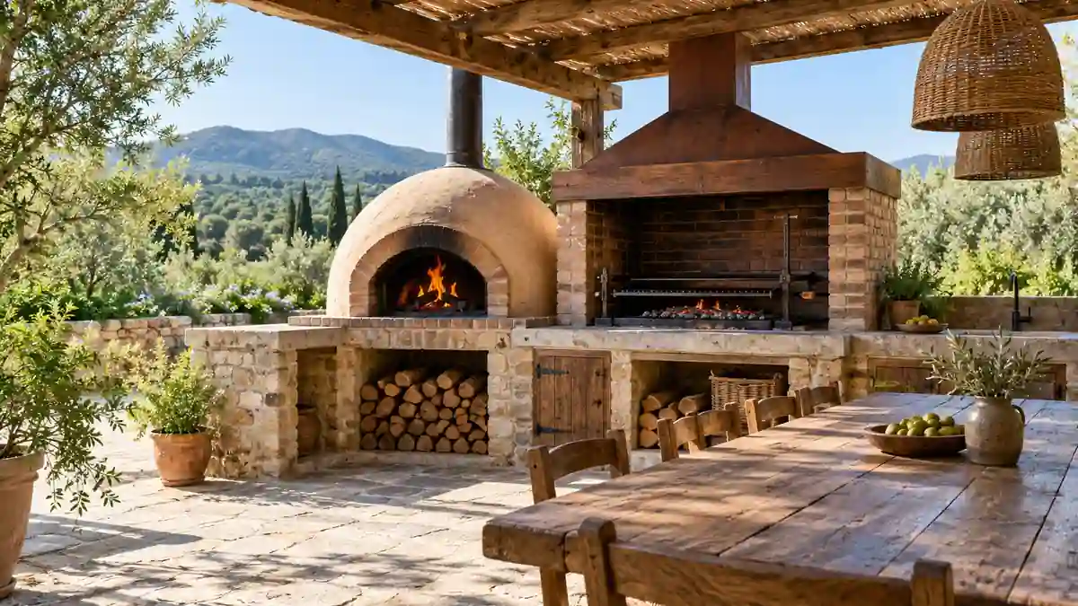 Horno de barro junto a parrilla de ladrillo en cocina exterior