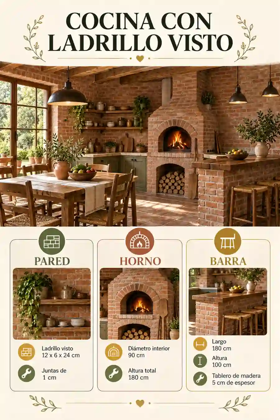 Cocina de campo con ladrillo visto y muebles de madera