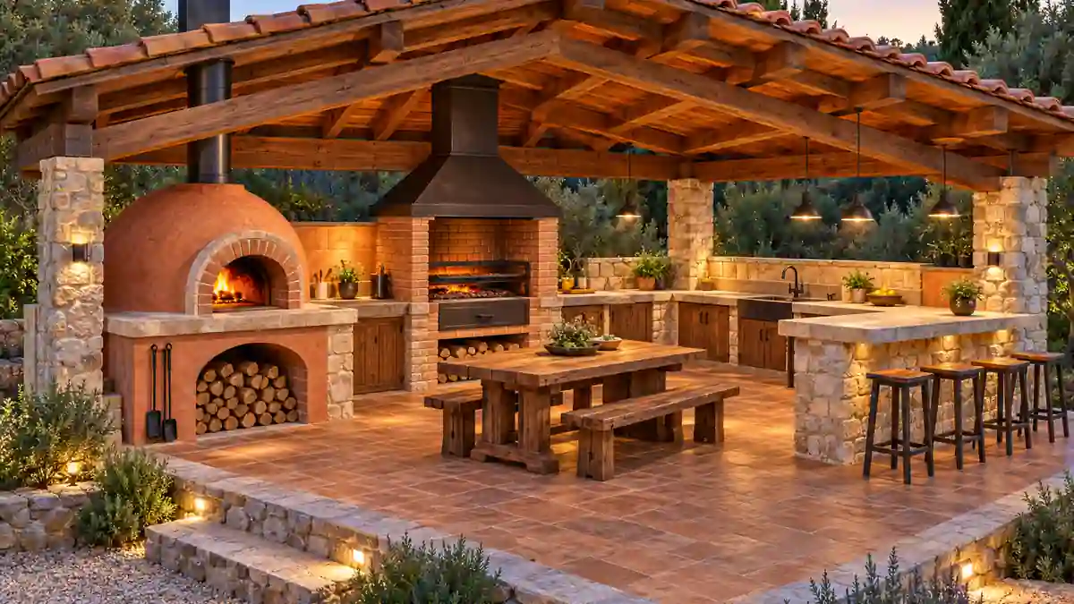 Elementos de una cocina exterior con horno de barro