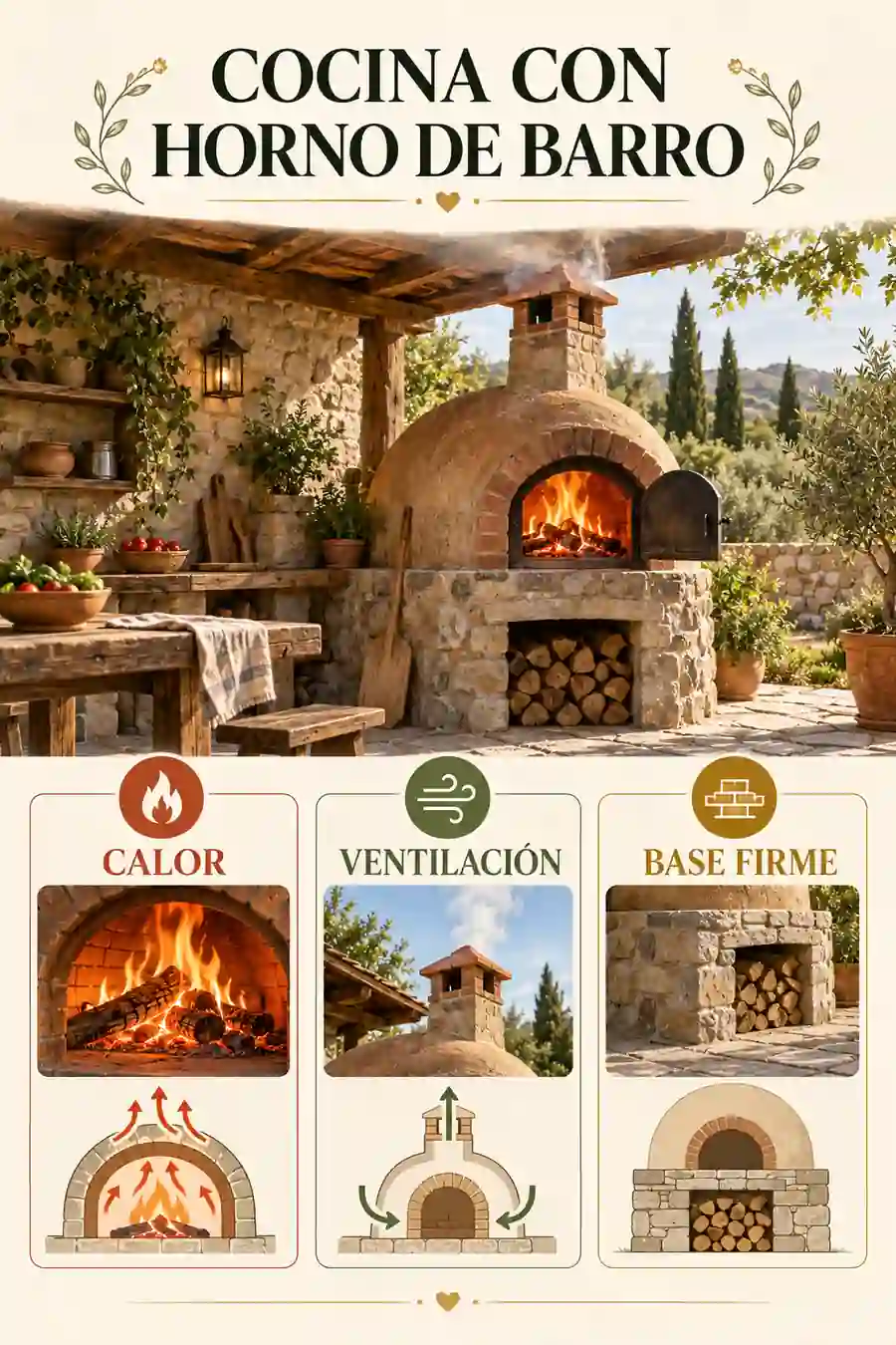 Cocina rústica con horno de barro para casa de campo