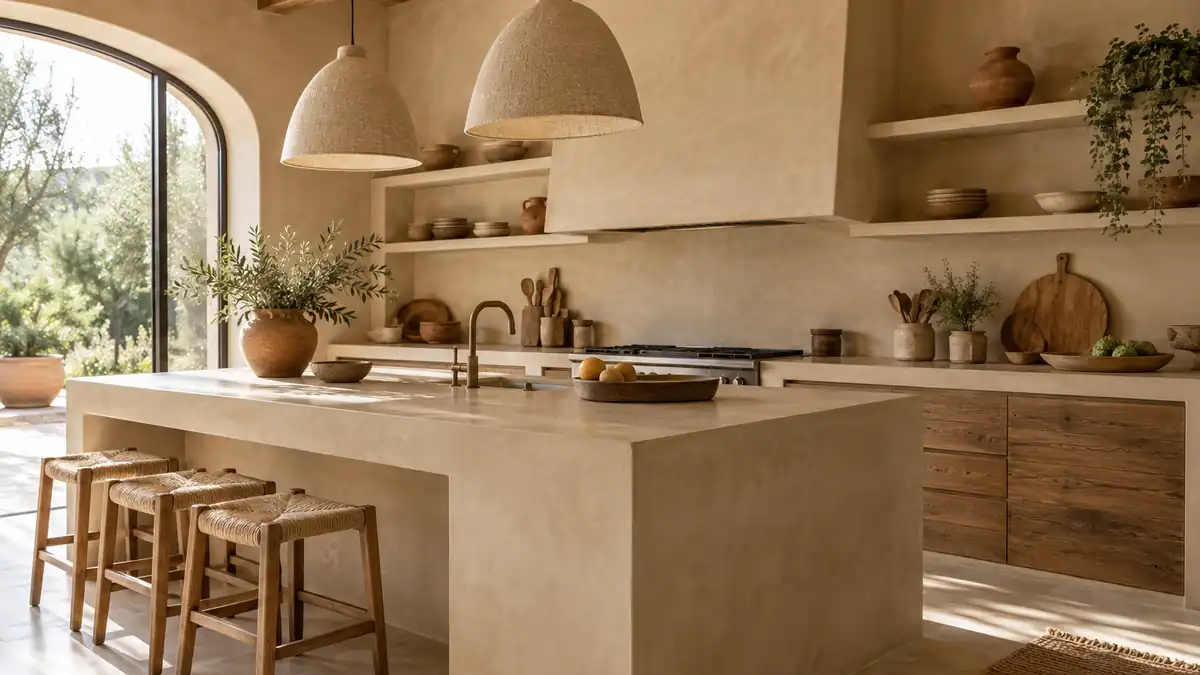 Cocina rústica revestida con microcemento beige