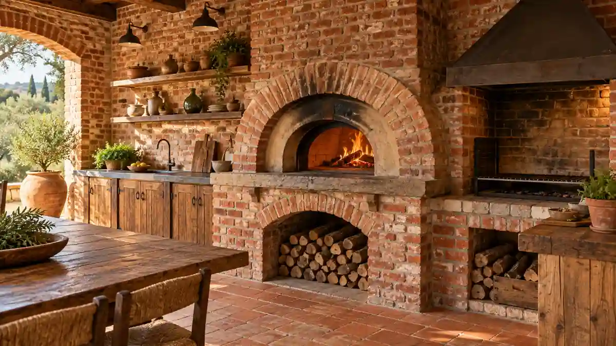 Horno de barro con ladrillo visto y leñera integrada