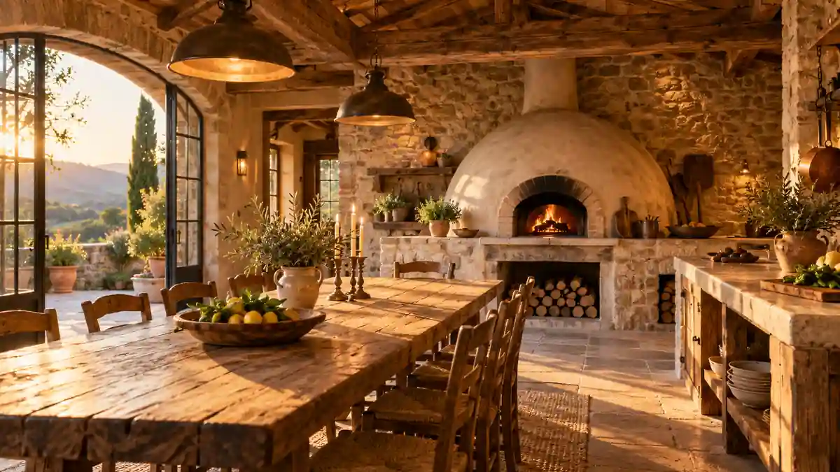 Cocina de campo con horno de barro y pared de piedra