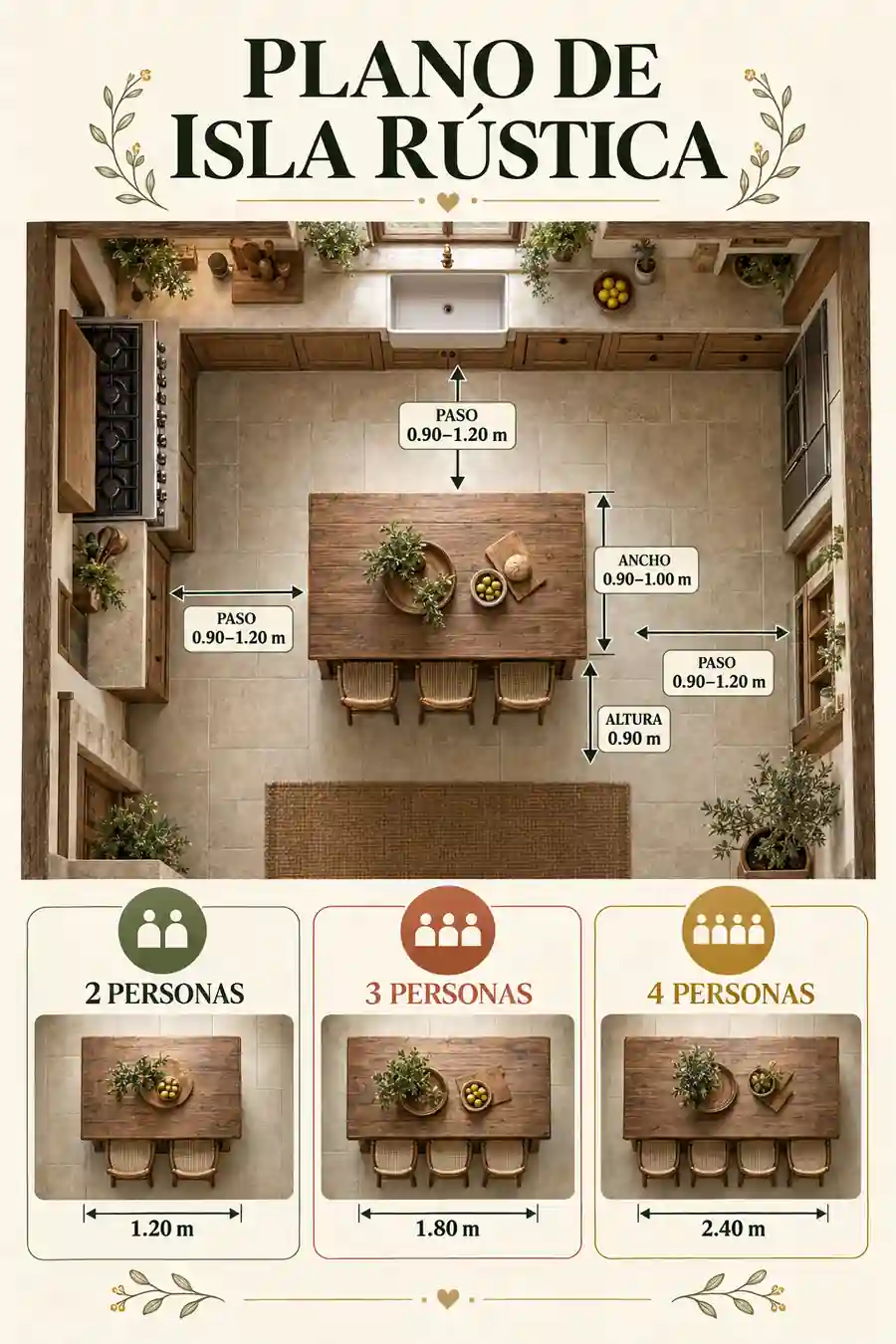 Plano con medidas orientativas para una isla de cocina rústica