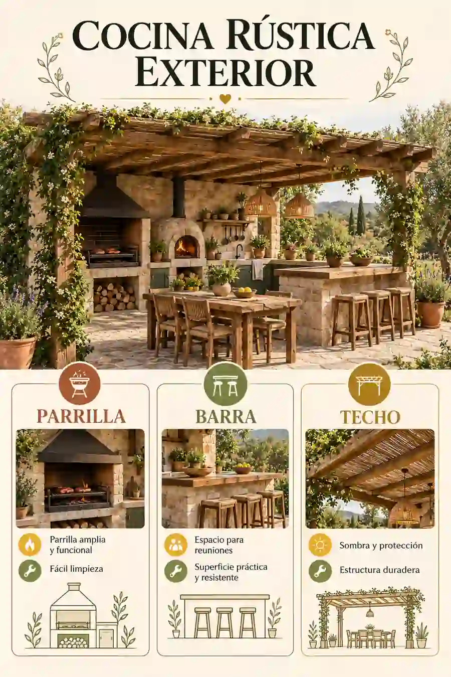 Cocina rústica exterior con parrilla, horno y barra