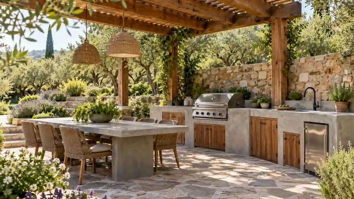Cocina exterior rústica con cemento pulido y madera