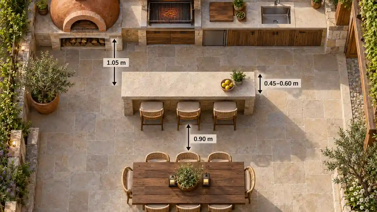 Plano con medidas orientativas para barra y horno de barro