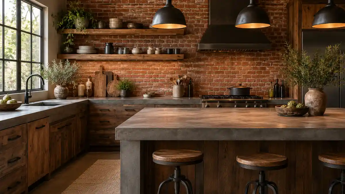 Cocina rústica de cemento con pared de ladrillo visto