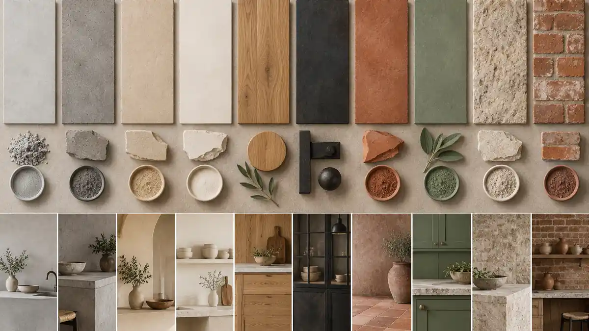 Paleta de colores y materiales para cocinas con cemento pulido
