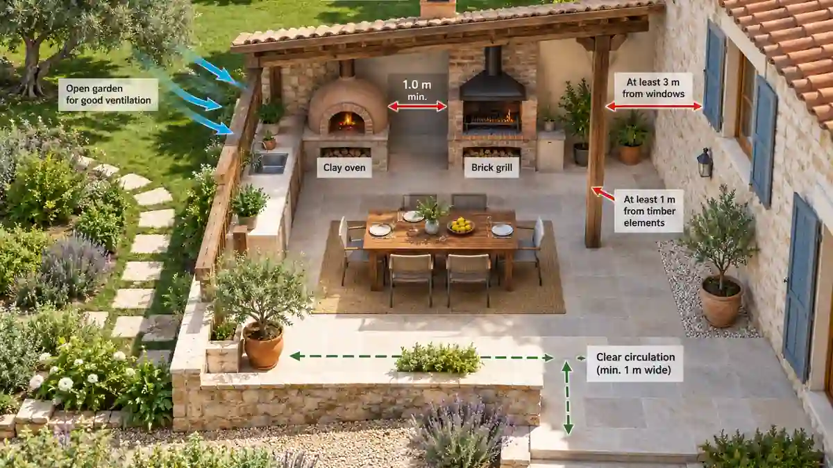 Plano de ubicación segura para una cocina con horno de barro