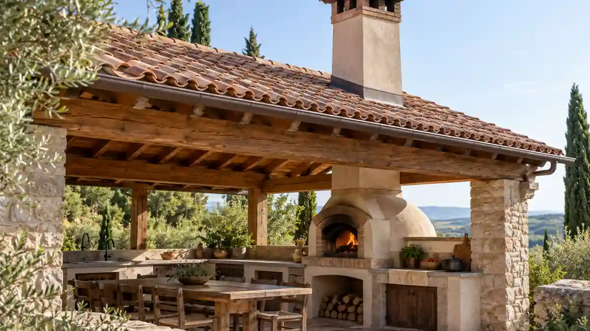 Techo de teja y chimenea segura para horno de barro