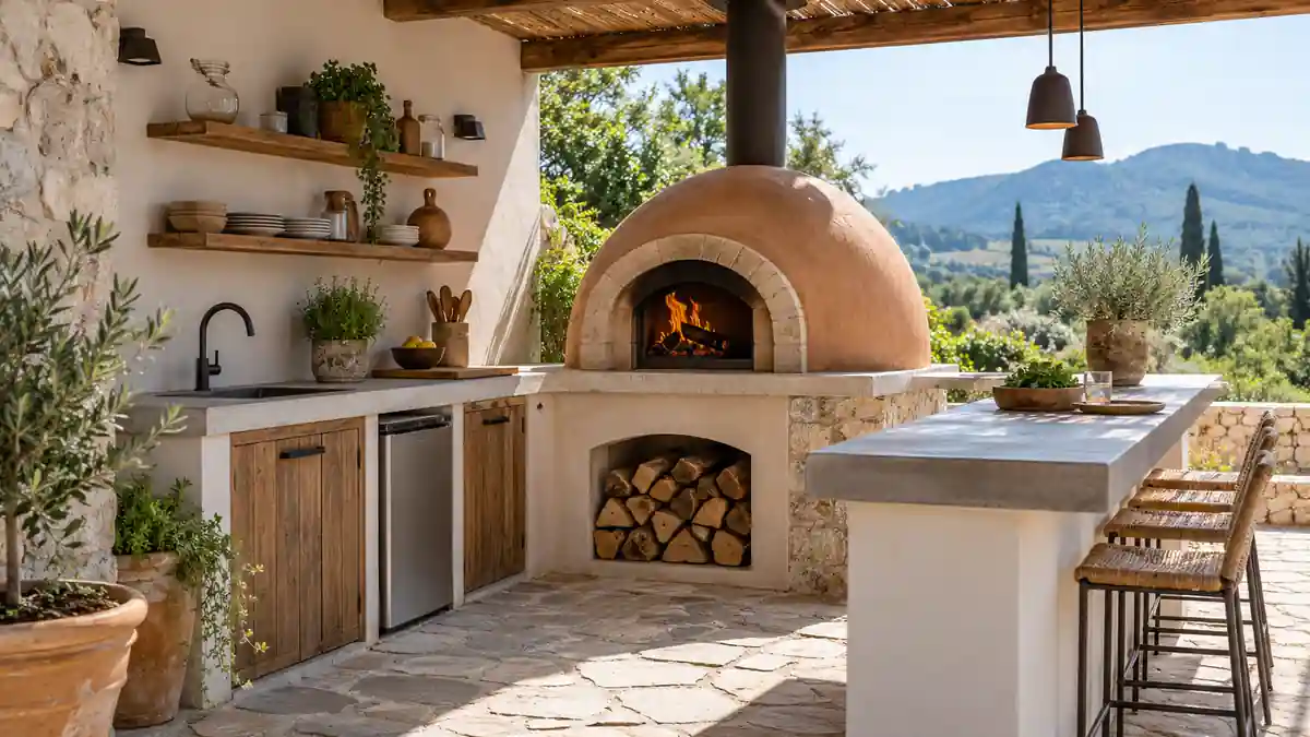 Cocina pequeña de patio con horno de barro compacto