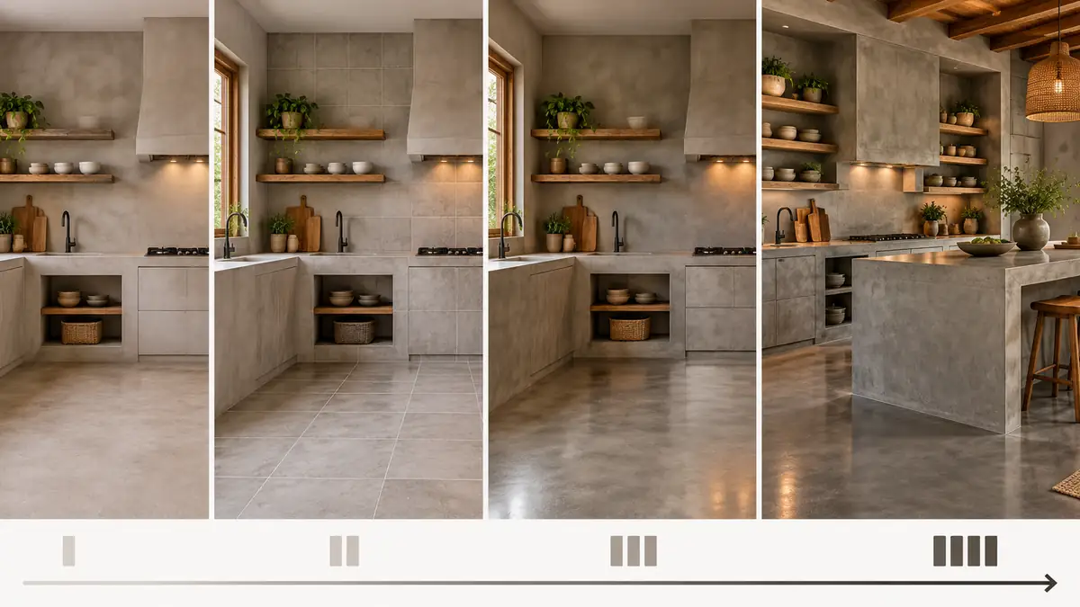 Etapas y costos relativos de una cocina con cemento pulido