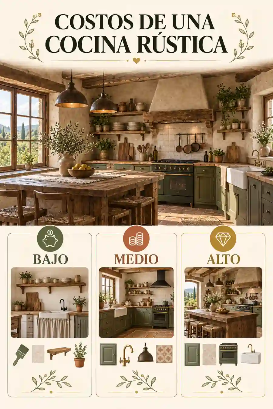 Costos relativos de materiales para una cocina rústica