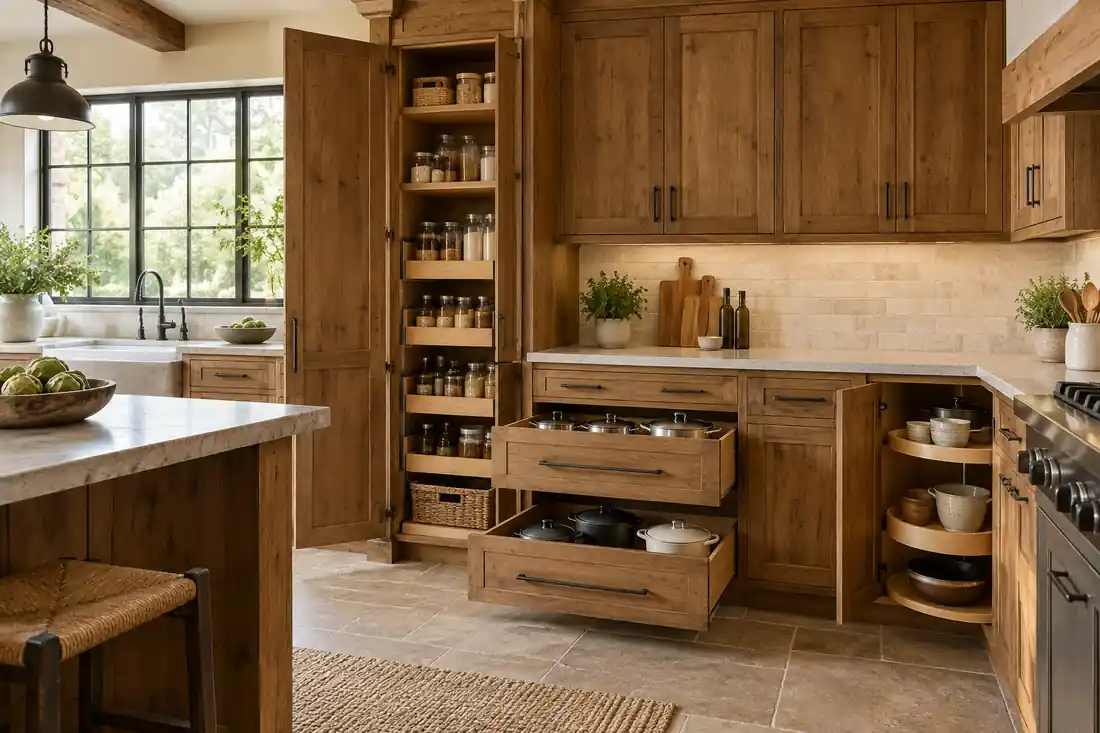 Soluciones de almacenamiento con despensa, cajones y muebles cerrados