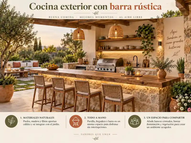 Cocina exterior con barra rústica
