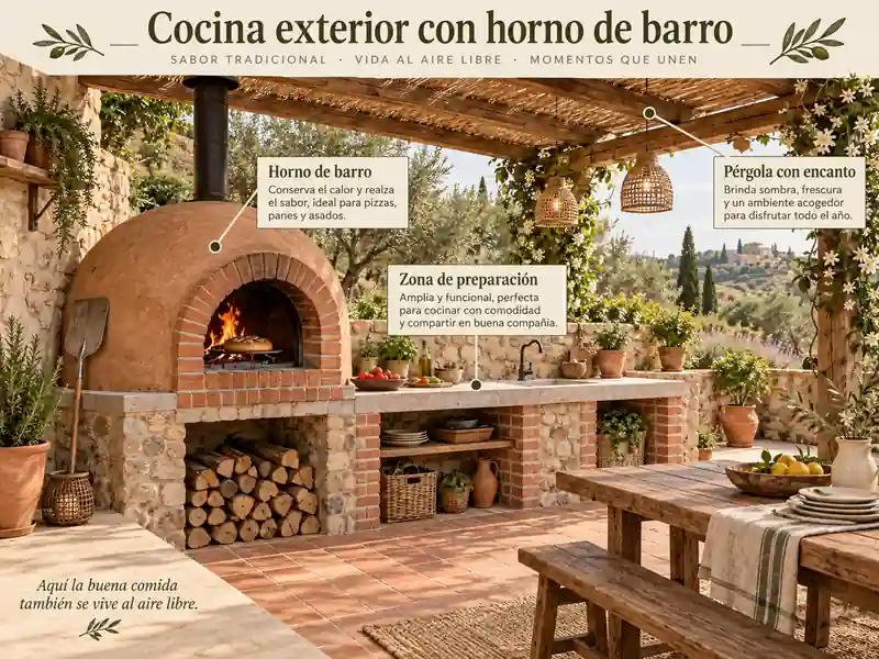Cocina exterior con horno de barro