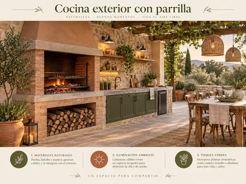 Cocina rústica exterior con parrilla
