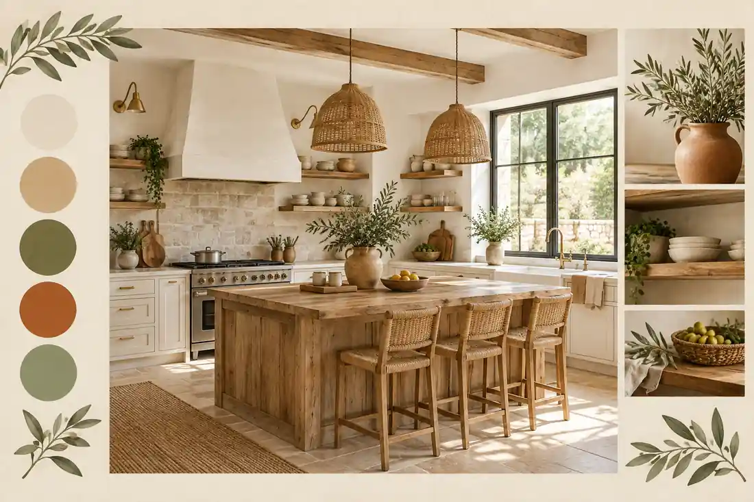 Cocina rústica luminosa con paredes blancas cálidas y madera natural