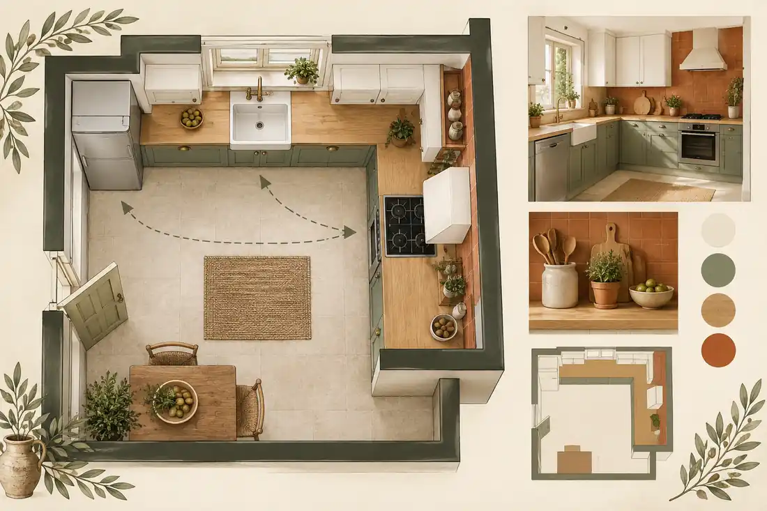 Plano de cocina rústica pequeña en forma de L con distribución de colores claros