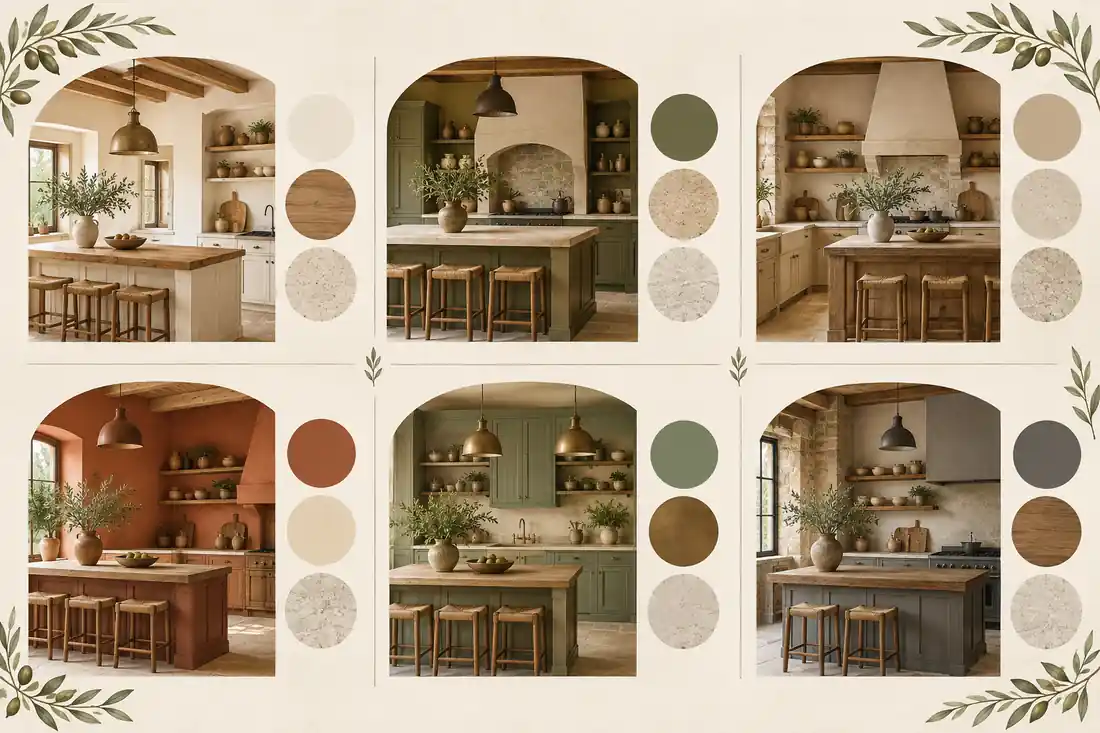 Combinaciones de colores para cocinas rústicas con madera, crema, oliva y terracota